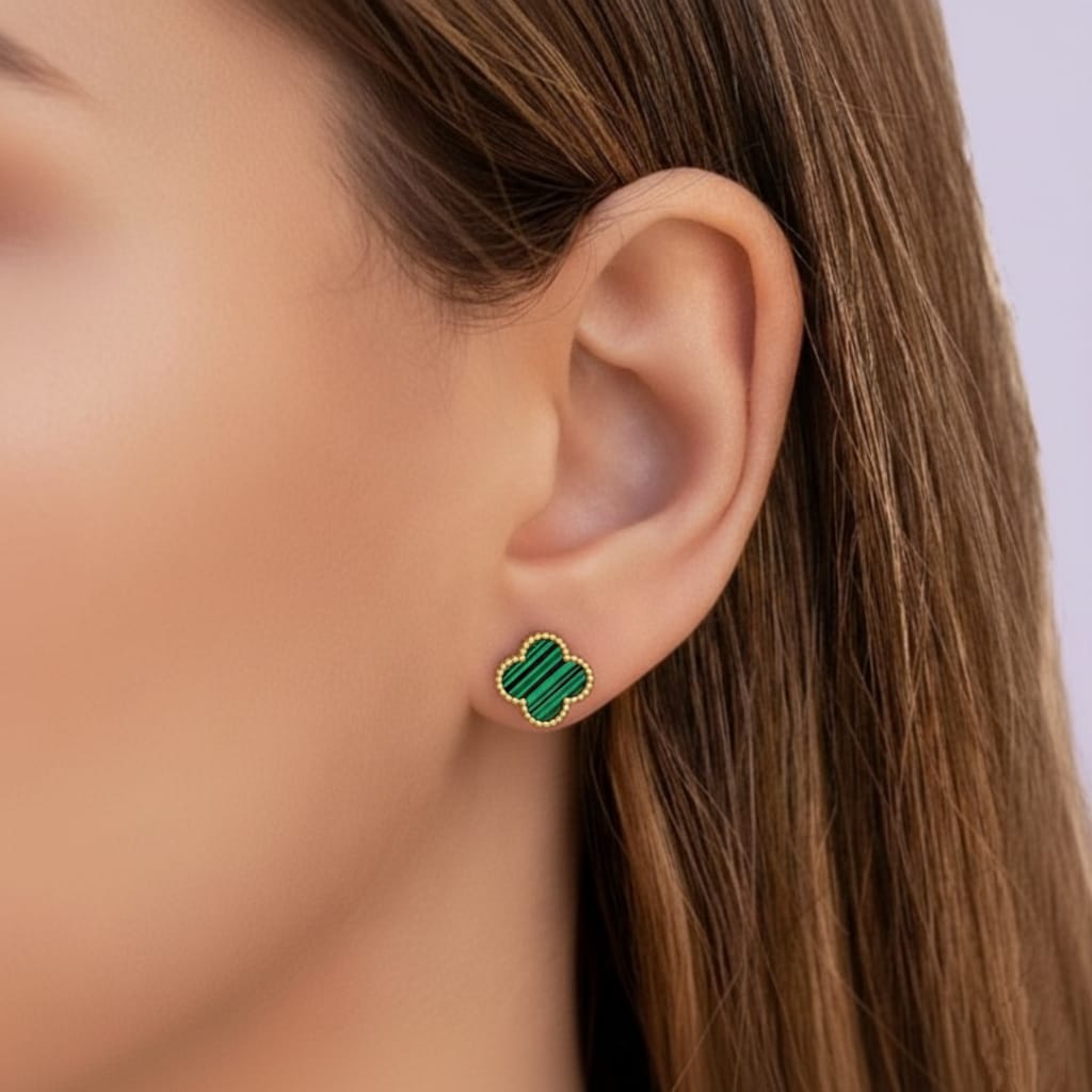 Malachite Clover Stud Earrings, Gold Plated, Classic Design (Green) - Image 2