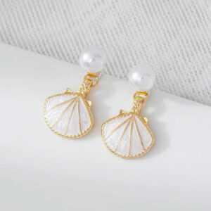 Seashell Serenity Earrings, White and Gold Coastal Design (White)