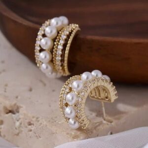 Pearl Radiance Hoops earrings with Cubic Zirconia and Simulated Pearls, Gold