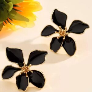Floral Statement Earrings, 5-Petal Design with Gold Centre, Fashion Jewellery (Black)