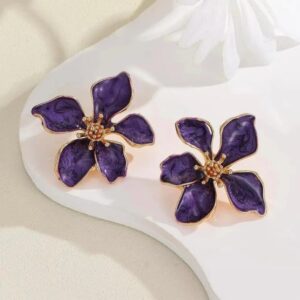 Floral Statement Earrings, 5-Petal Design with Gold Centre, Fashion Jewellery (purple)