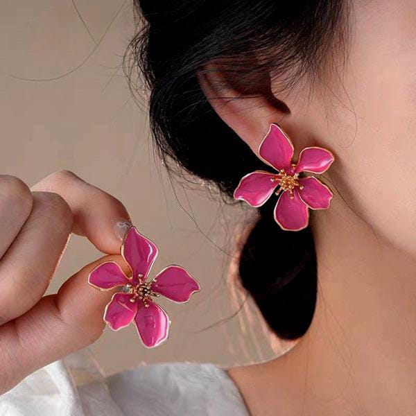 Floral Statement Earrings, 5-Petal Design with Gold Centre, Fashion Jewellery (Pink) - Image 2