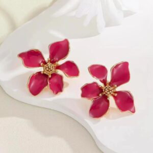 Floral Statement Earrings, 5-Petal Design with Gold Centre, Fashion Jewellery (Pink)