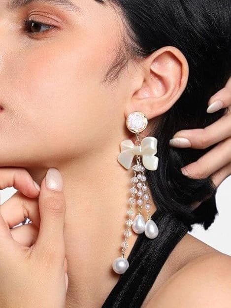 Bow-Knot Pearl Crystal Tassel Long Earrings, Cascading Chain, Wedding Party Jewellery - Image 4