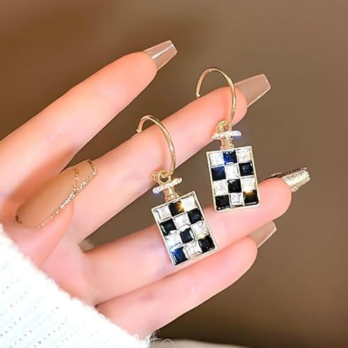 Monochrome Squares Pendant Hoop Earrings, Gold, Checkerboard Pattern - Image 2