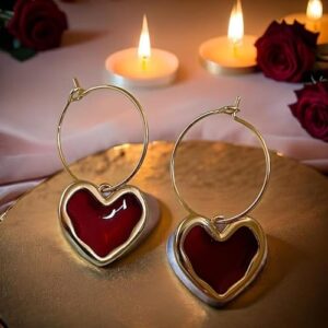 Blood Red Heart Drop Hoops, Gold Tone, Lightweight & Comfortable