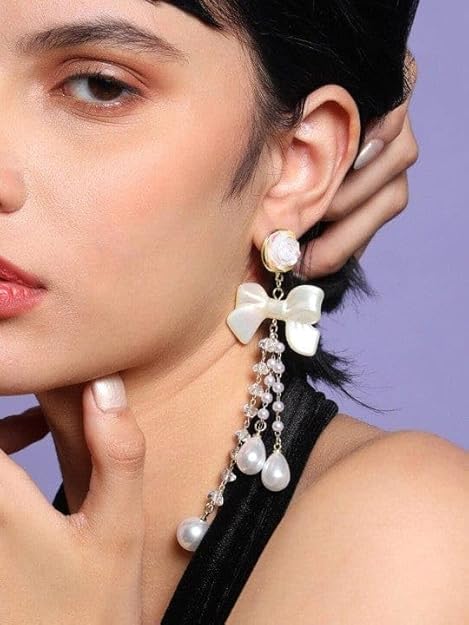 Bow-Knot Pearl Crystal Tassel Long Earrings, Cascading Chain, Wedding Party Jewellery - Image 3