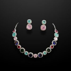 Celestial Radiance Multicolour AD Necklace & Earrings set for Special Occasions, Wedding Party Jewellery, Statement Piece