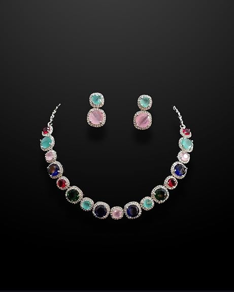 Celestial Radiance Multicolour AD Necklace & Earrings set for Special Occasions, Wedding Party Jewellery, Statement Piece