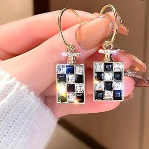 Monochrome Squares Pendant Hoop Earrings, Gold, Checkerboard Pattern