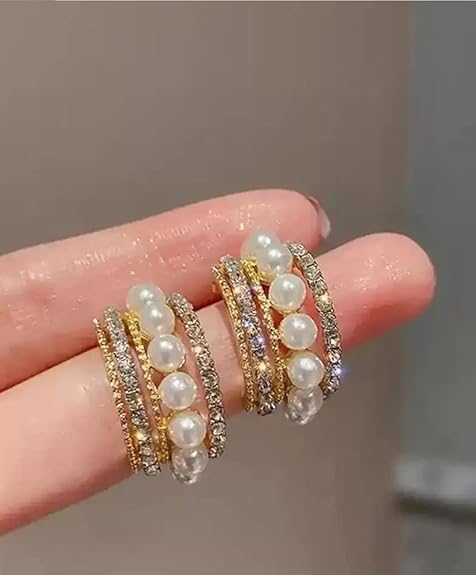 Pearl Radiance Hoops earrings with Cubic Zirconia and Simulated Pearls, Gold - Image 4