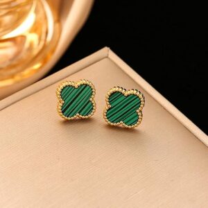 Malachite Clover Stud Earrings, Gold Plated, Classic Design (Green)