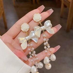 Bow-Knot Pearl Crystal Tassel Long Earrings, Cascading Chain, Wedding Party Jewellery