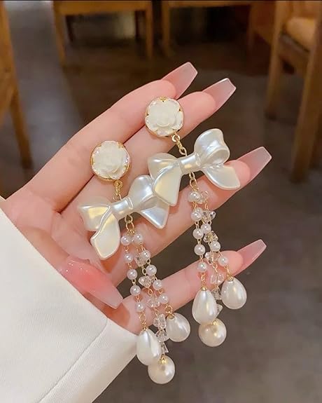 Bow-Knot Pearl Crystal Tassel Long Earrings, Cascading Chain, Wedding Party Jewellery