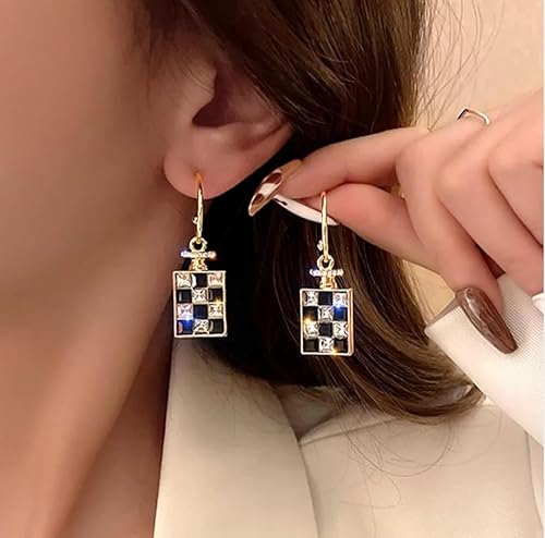 Monochrome Squares Pendant Hoop Earrings, Gold, Checkerboard Pattern - Image 3