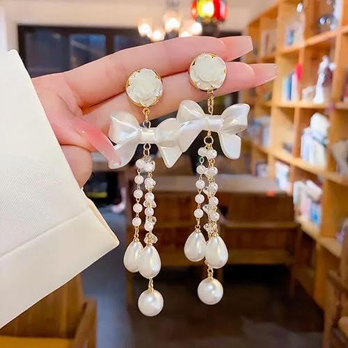 Bow-Knot Pearl Crystal Tassel Long Earrings, Cascading Chain, Wedding Party Jewellery - Image 2