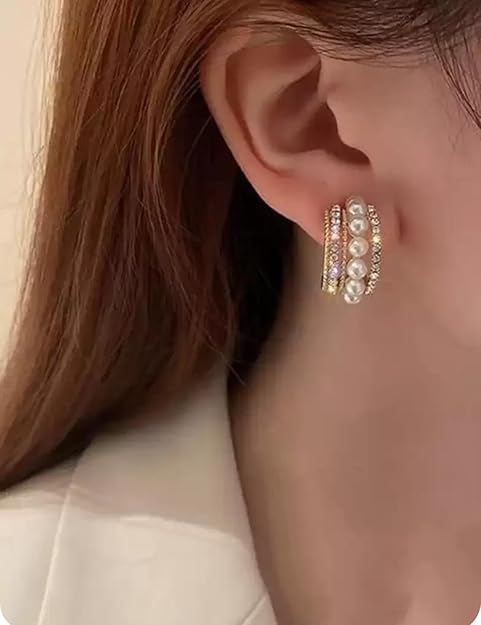 Pearl Radiance Hoops earrings with Cubic Zirconia and Simulated Pearls, Gold - Image 2