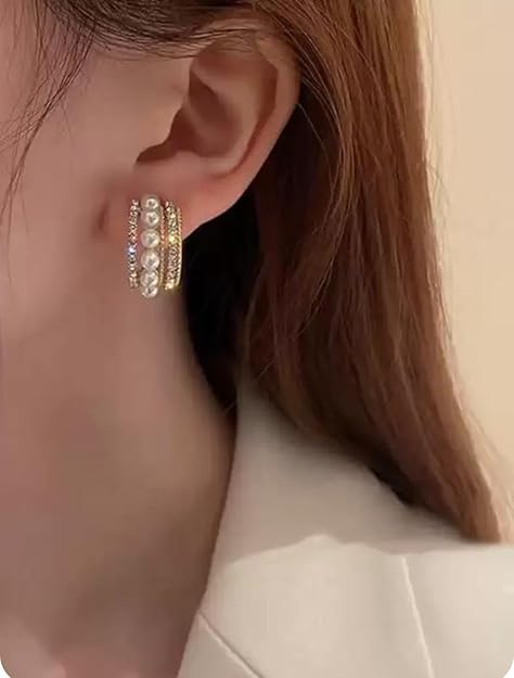 Pearl Radiance Hoops earrings with Cubic Zirconia and Simulated Pearls, Gold - Image 3