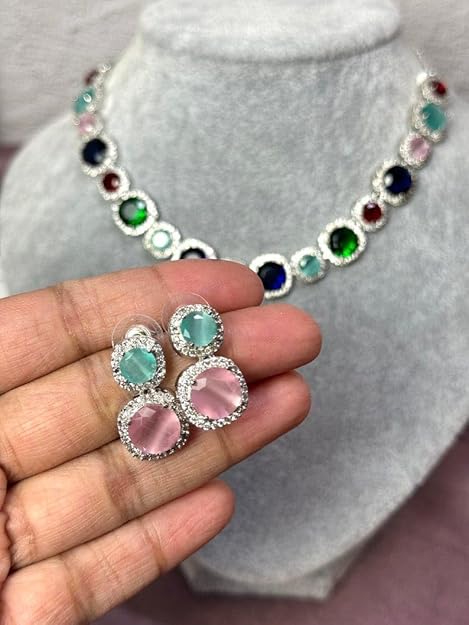 Celestial Radiance Multicolour AD Necklace & Earrings set for Special Occasions, Wedding Party Jewellery, Statement Piece - Image 4