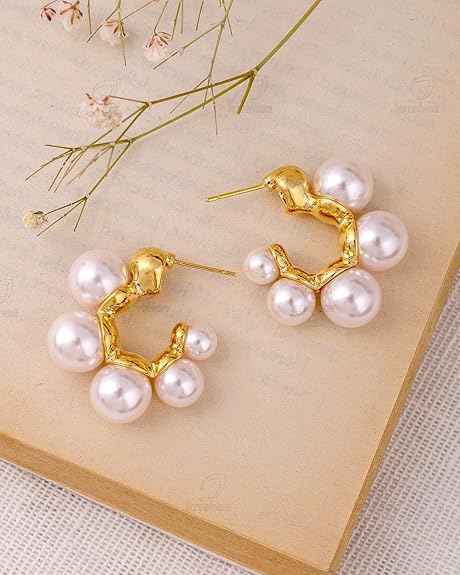 Pearl Fusion Hoop Earrings, Gold with Delicate Pearls, Classic Design