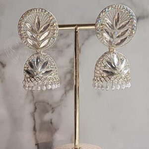 Leafy Elegance Crystal Jhumka Earrings, Antique Plated, Traditional Wedding Statement Jewellery