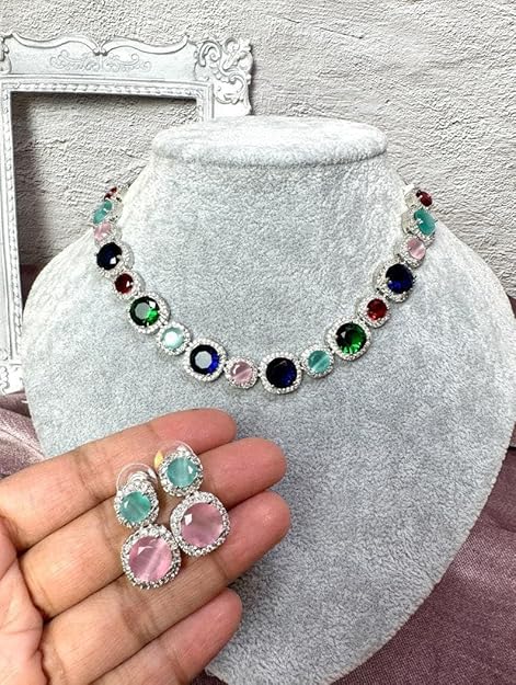 Celestial Radiance Multicolour AD Necklace & Earrings set for Special Occasions, Wedding Party Jewellery, Statement Piece - Image 3