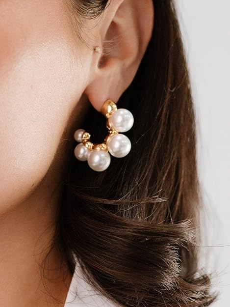 Pearl Fusion Hoop Earrings, Gold with Delicate Pearls, Classic Design - Image 3