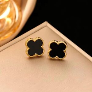 Malachite Clover Stud Earrings, Gold Plated, Classic Design (Black)