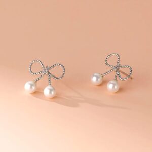 Pearl Bow Earrings, Vintage Style Statement Jewellery, White, Lightweight Fashion Accessories for Women (silver)