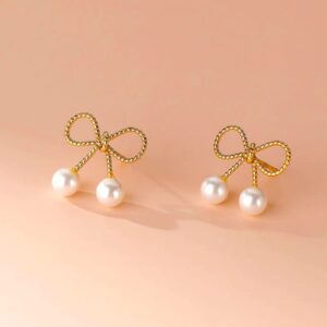 Pearl Bow Earrings, Vintage Style Statement Jewellery, White, Lightweight Fashion Accessories for Women (gold)