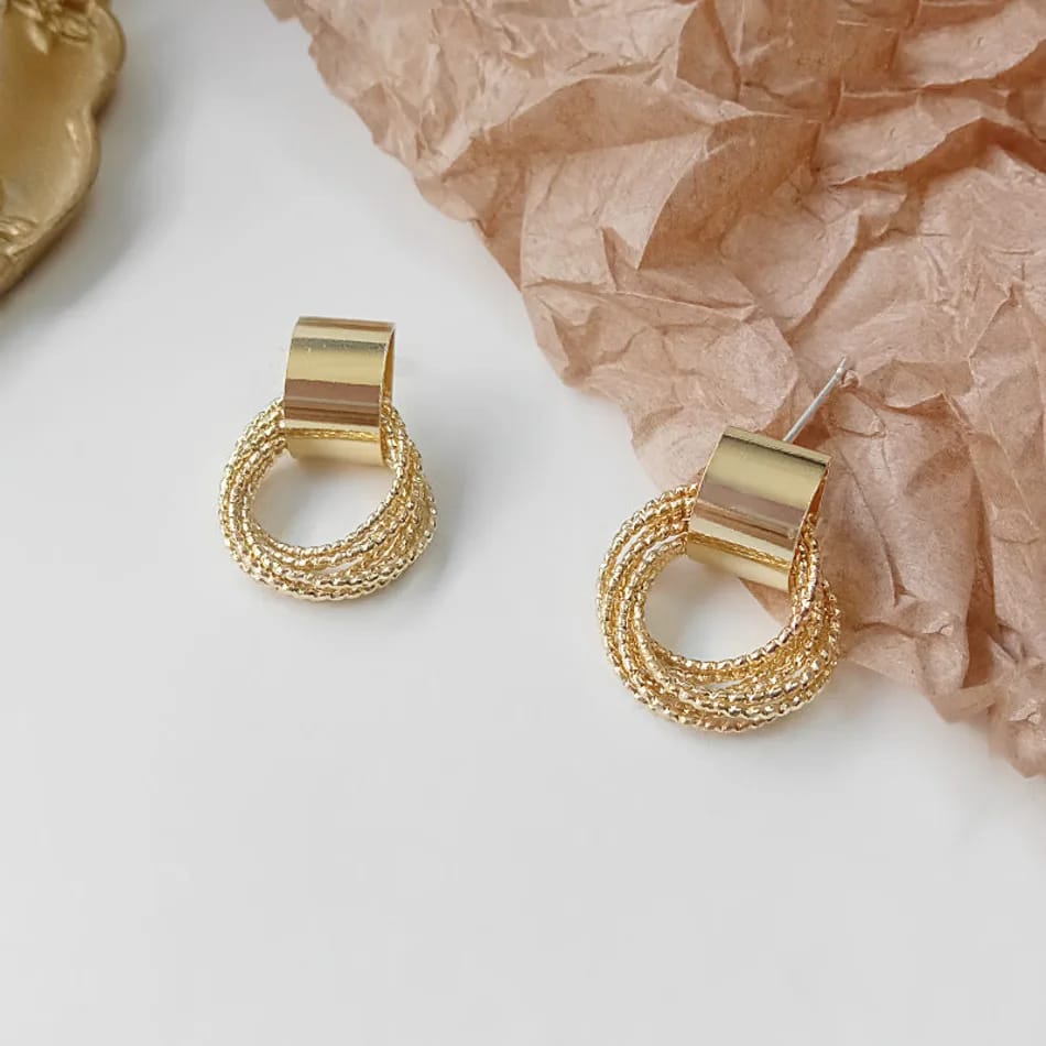 Luxe Layered Earrings Statement Earrings, Rectangular Top with Circular Woven Design, Lightweight Luxury Jewellery (gold)