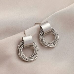 Luxe Layered Earrings Statement Earrings, Rectangular Top with Circular Woven Design, Lightweight Luxury Jewellery (silver)