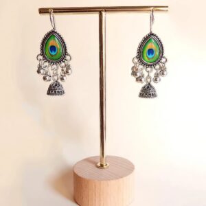 Peacock Feather Bell Drop Earrings, Bohemian Style, Green and Blue jhumka earrings.