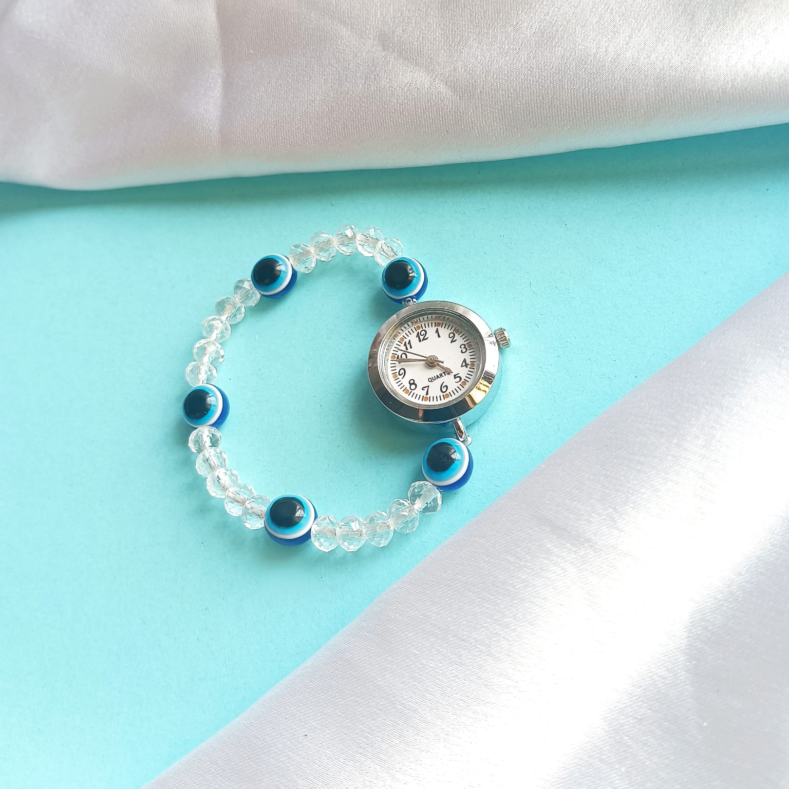 Evil Eye Crystal Beaded Watch Bracelet, Handmade Charm Design, Bohemian Style - Image 2