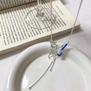 Butterfly Pendant Necklace for Women, Blue and White Enamel, Heart Shape, Contemporary Style