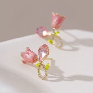 Blossom Bloom Stud Earrings, Pink Iridescent Petals, Gold Stem with Clear Stones, Yellow Leaves