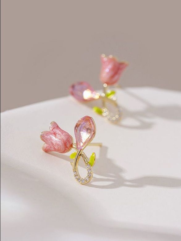 Blossom Bloom Stud Earrings, Pink Iridescent Petals, Gold Stem with Clear Stones, Yellow Leaves