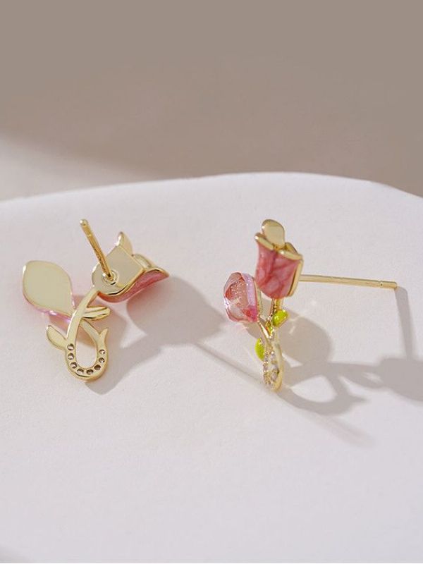 Blossom Bloom Stud Earrings, Pink Iridescent Petals, Gold Stem with Clear Stones, Yellow Leaves - Image 5