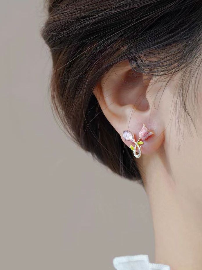Blossom Bloom Stud Earrings, Pink Iridescent Petals, Gold Stem with Clear Stones, Yellow Leaves - Image 4