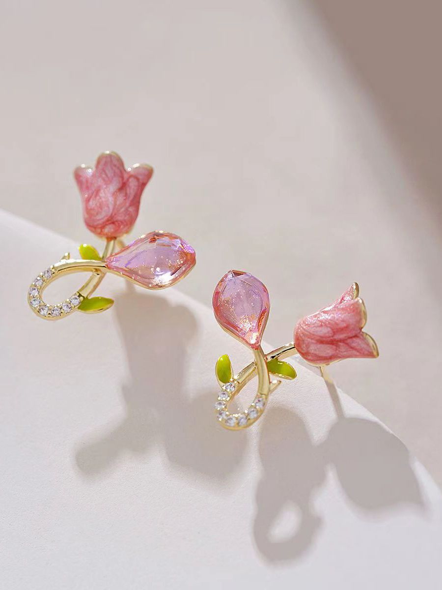 Blossom Bloom Stud Earrings, Pink Iridescent Petals, Gold Stem with Clear Stones, Yellow Leaves - Image 3