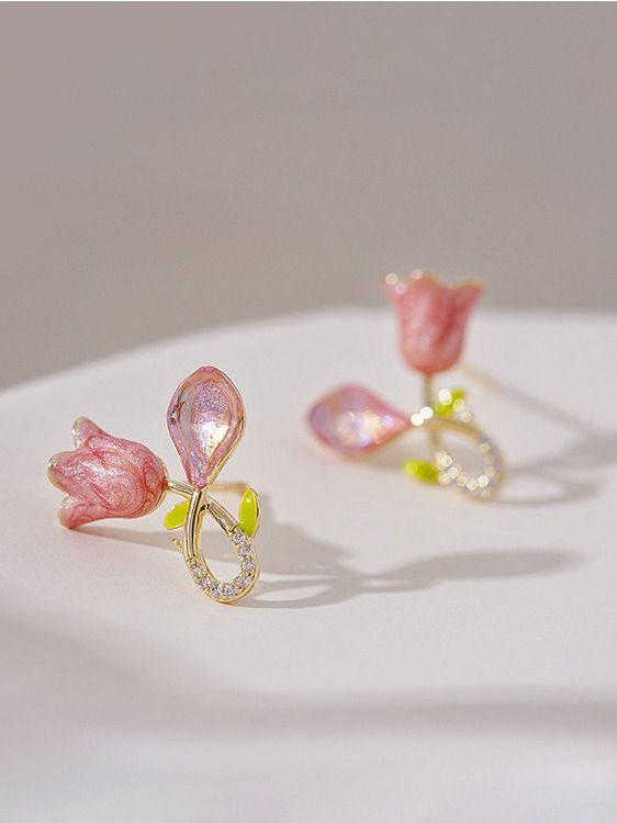 Blossom Bloom Stud Earrings, Pink Iridescent Petals, Gold Stem with Clear Stones, Yellow Leaves - Image 2