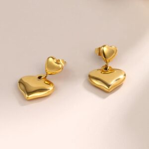 Double Heart Dangle Earrings, Gold Finish, Romantic Design (gold)