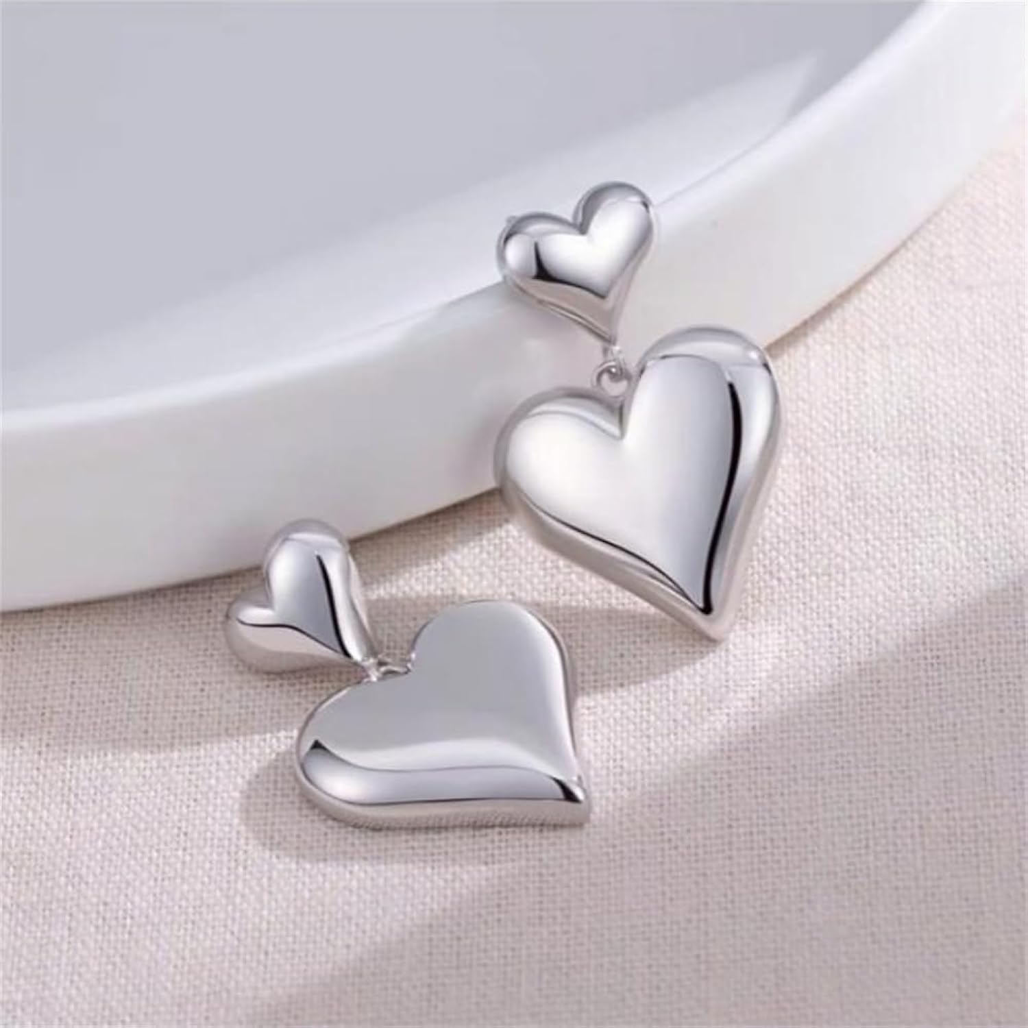 Double Heart Dangle Earrings, Gold Finish, Romantic Design (silver) MRP-700