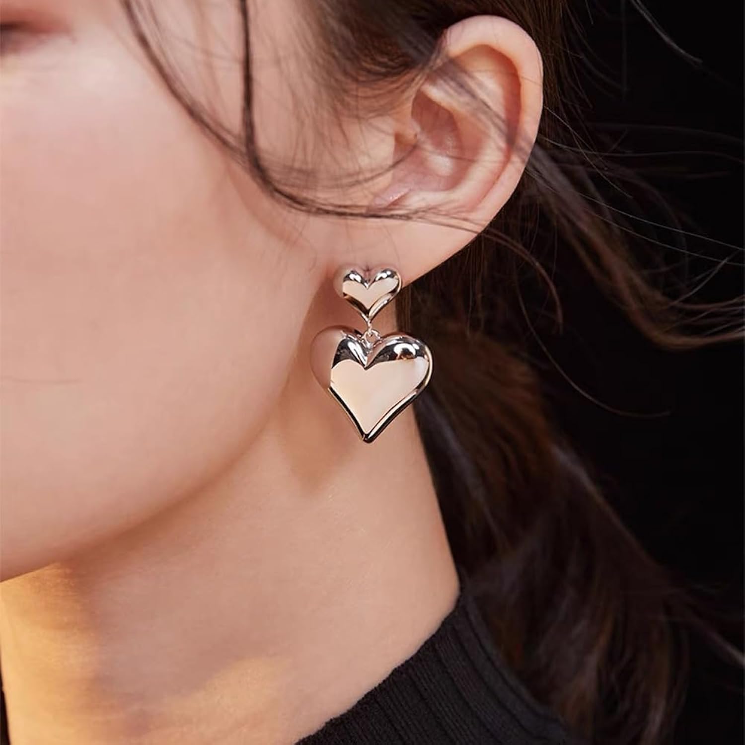 Double Heart Dangle Earrings, Gold Finish, Romantic Design (silver) MRP-700 - Image 2