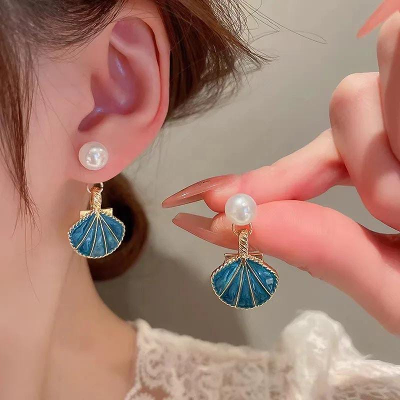 Seashell Serenity Earrings, White and Gold Coastal Design (Blue) - Image 2