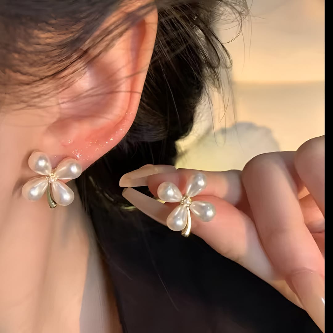 Pearl Clover Stud Earrings, Gold Accent, Classic Design, Fashion Jewellery - Image 4