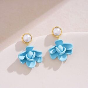 Pearl Flower Drop Earrings For Women, Spring Summer Collection.(Blue)