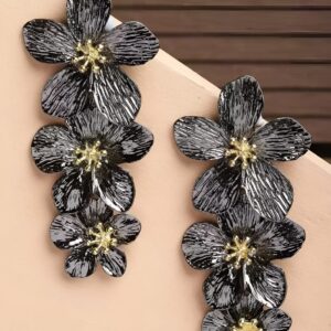 Midnight Floral Glam Long Earrings with Gold Centre, Cascading Design