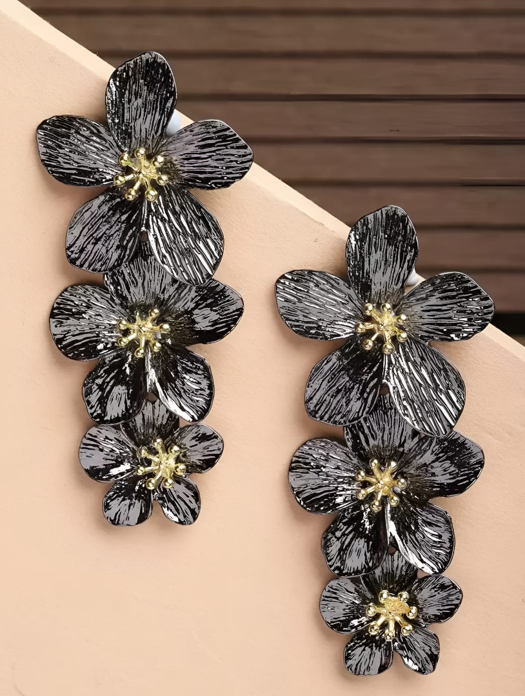 Midnight Floral Glam Long Earrings with Gold Centre, Cascading Design