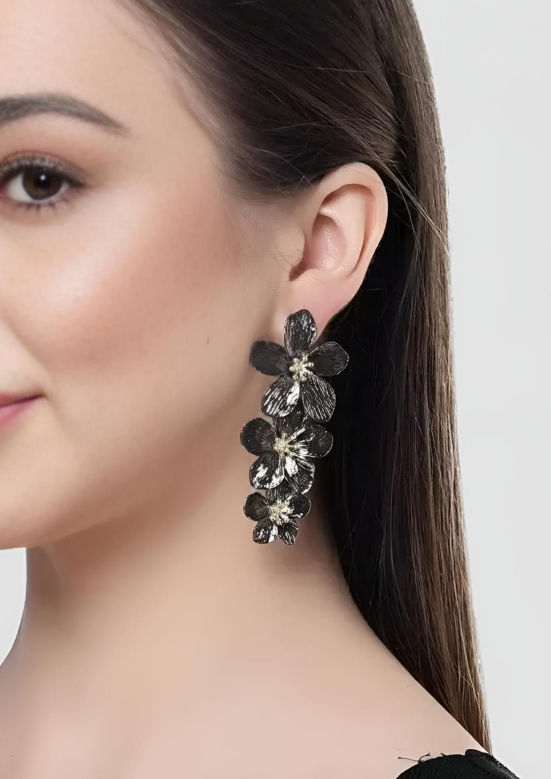 Midnight Floral Glam Long Earrings with Gold Centre, Cascading Design - Image 2